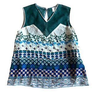 Anna Sui Womens Sz 8 Sleeveless Patterned Chiffon Top Geometric Design